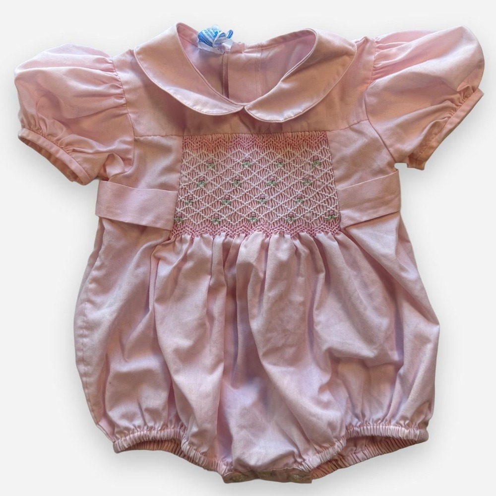 Vintage Babycrest Pink Smocked Bubble Romper 3/6 Months Floral Embroidery
